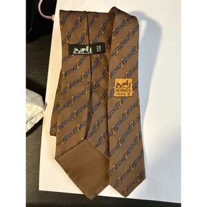 Hermes Equestrian Stripe # 951 IA 100% Silk Tie Tan w/Blue Designer Nice!!